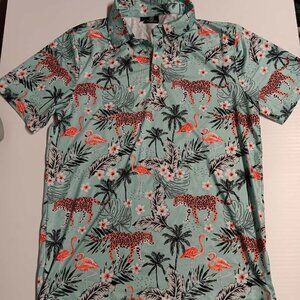 Greenside Men's Adult Medium Teal Flamingo Tiger Tropical Casual Golf Polo Shirt